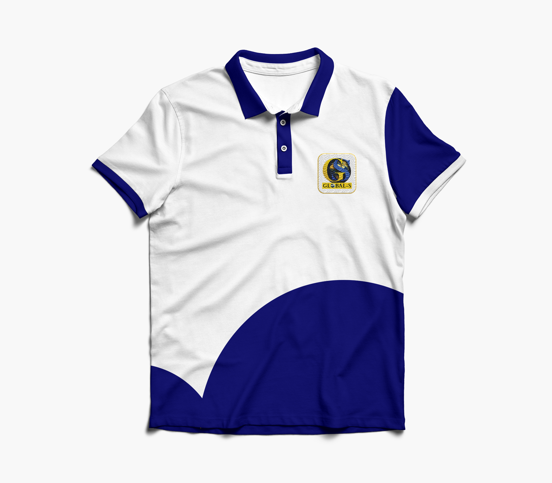 Mockup polo Global-S blanc et bleu marine avec logo brodé