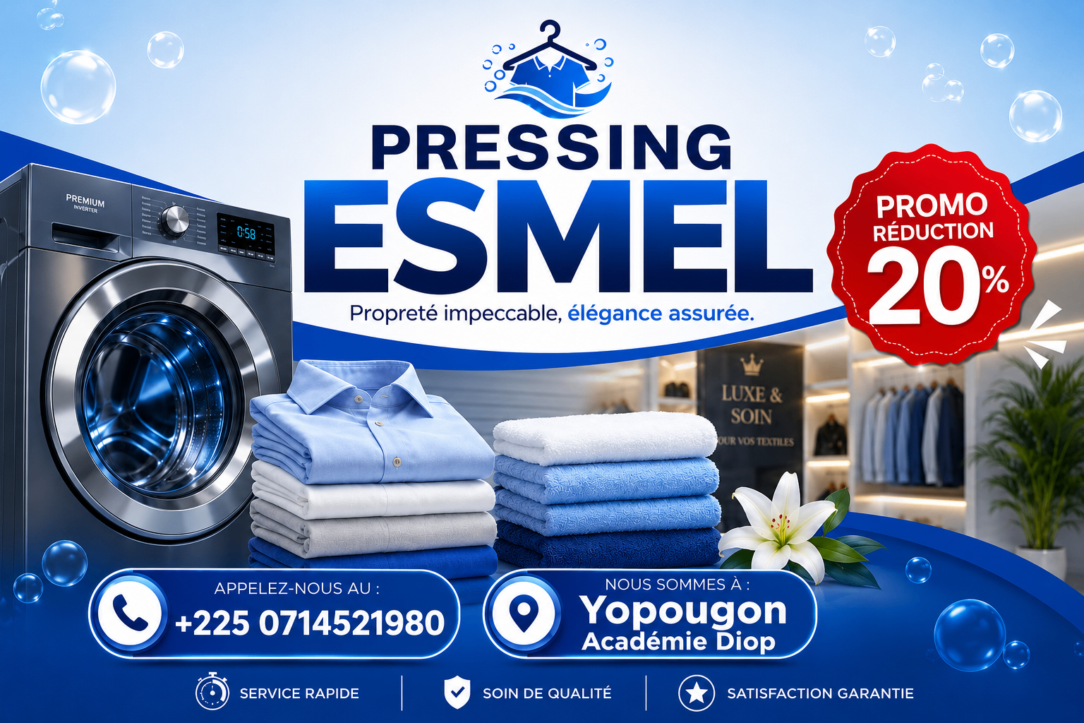 Affiche promotionnelle de pressing avec machine à laver et linge plié