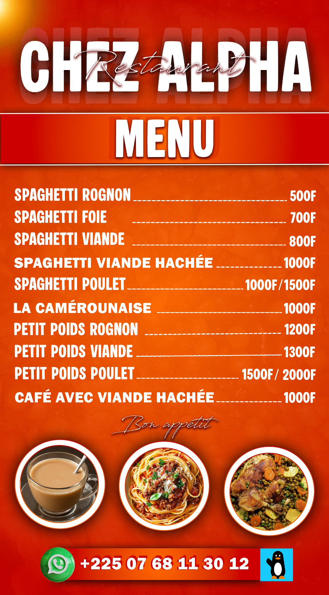 Menu du restaurant Chez Alpha, spécialités spaghetti et petits pois