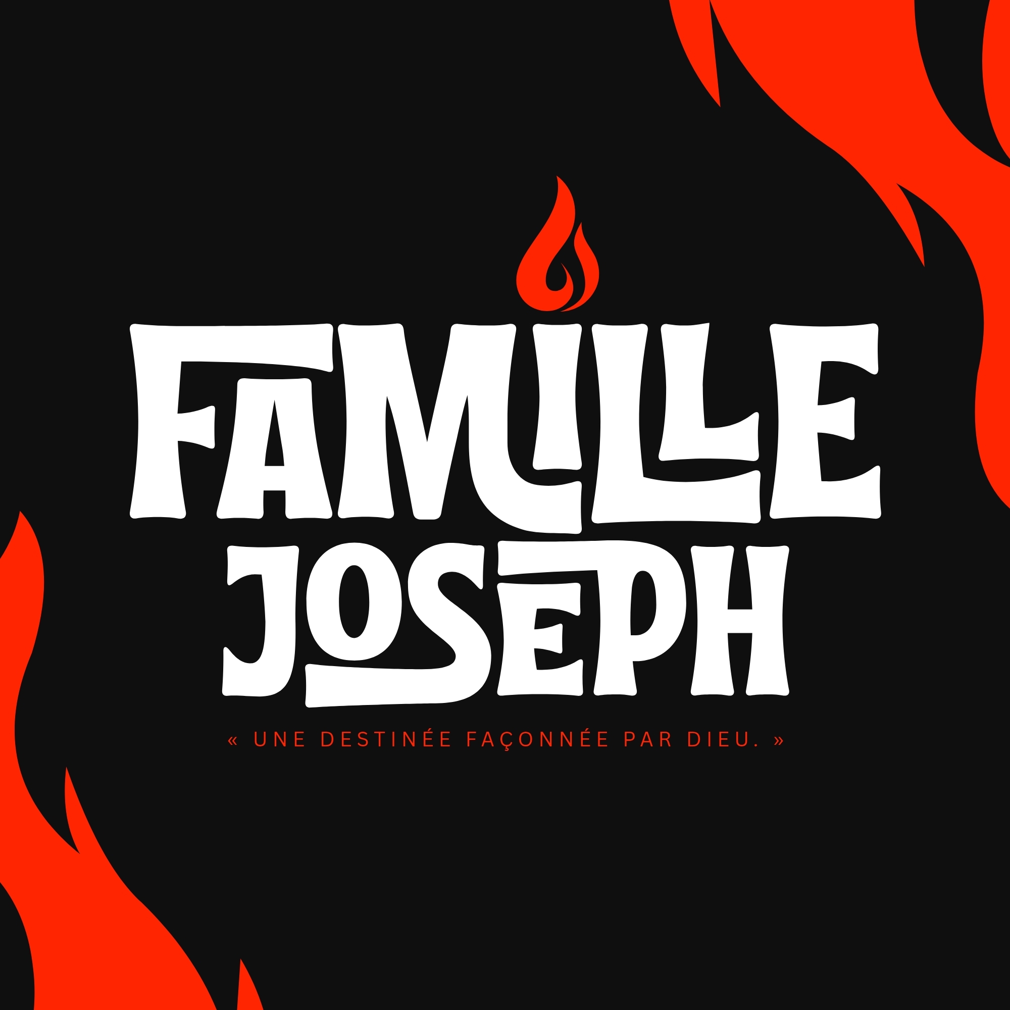 Logo Famille Joseph, lettrage blanc et flammes rouges sur fond noir