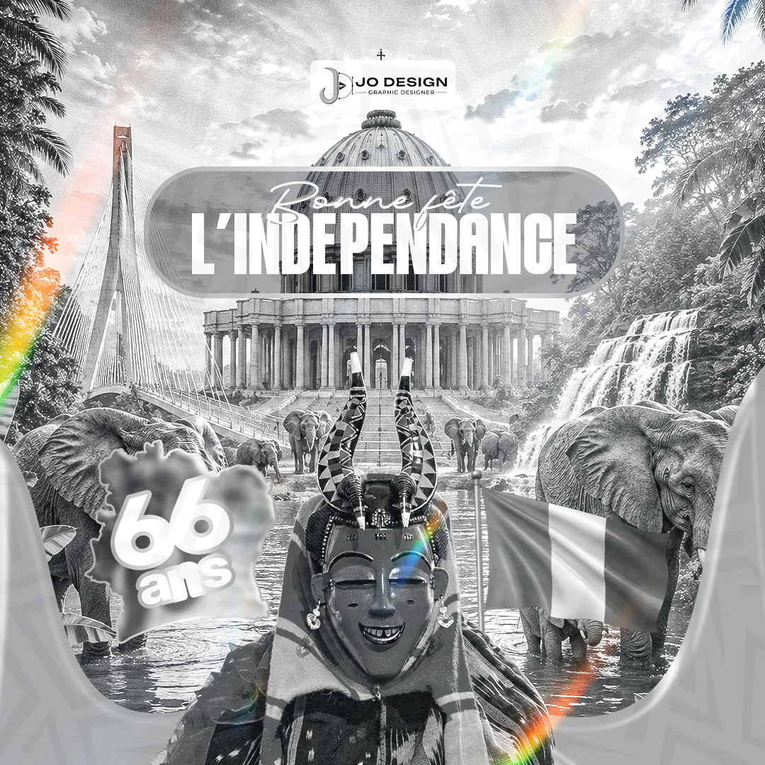 Affiche 66 ans d'indépendance de la Côte d'Ivoire en noir et blanc