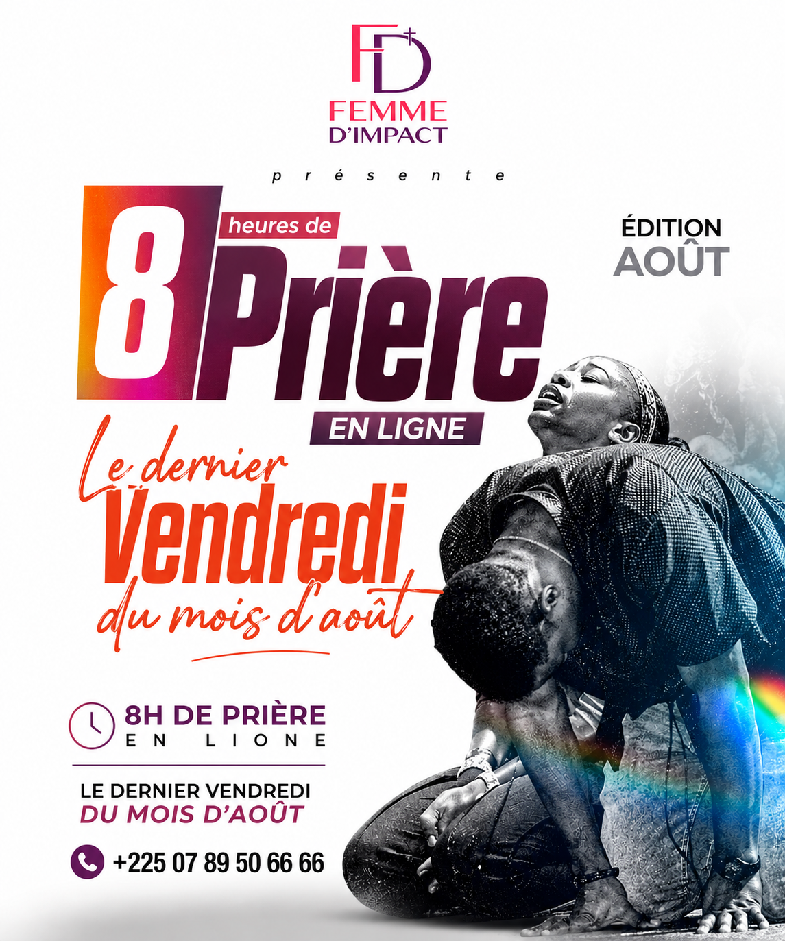 Affiche 8 heures de prière en ligne, édition août, Femme d'Impact