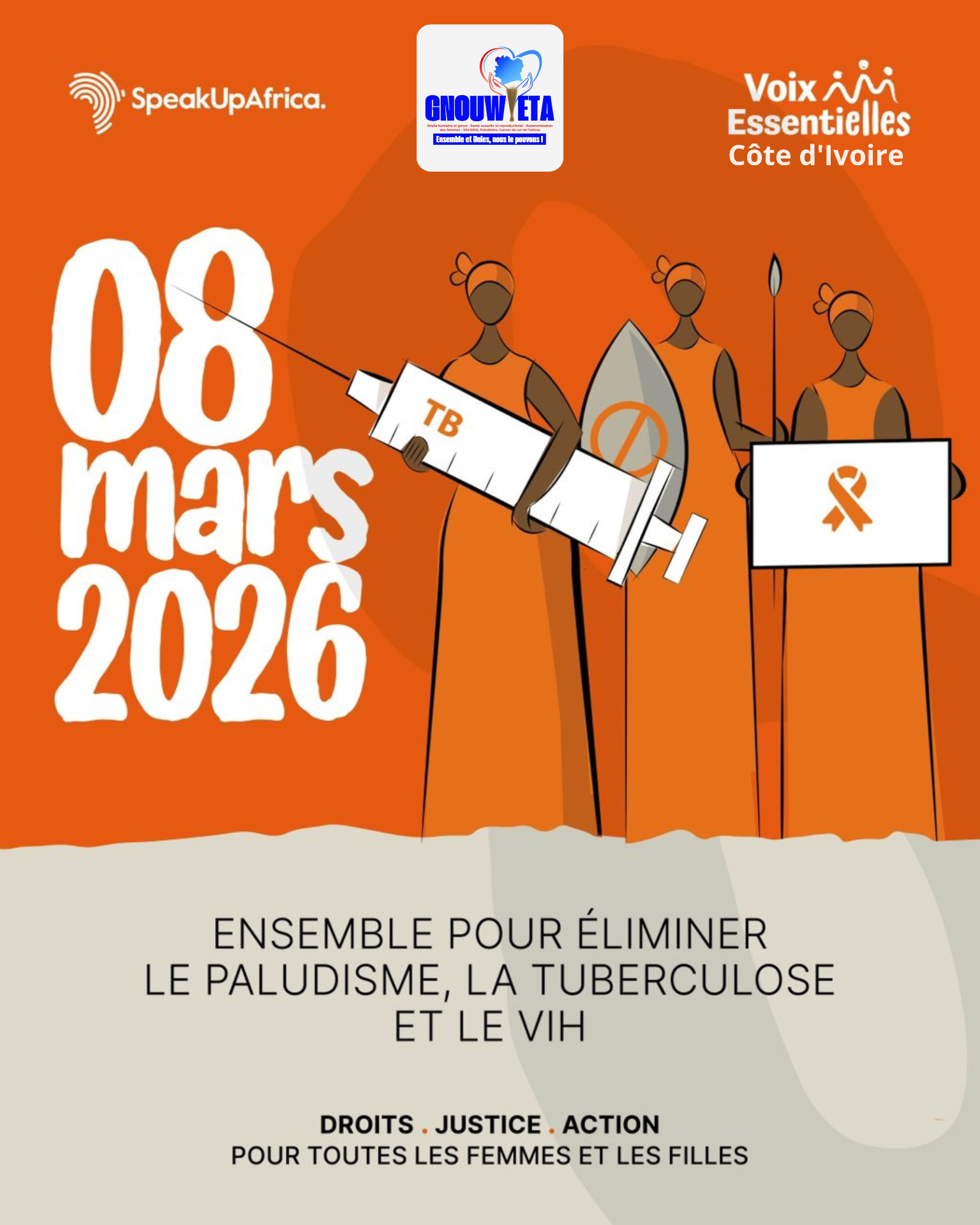 Affiche 08 mars 2026 pour éliminer paludisme, tuberculose et VIH
