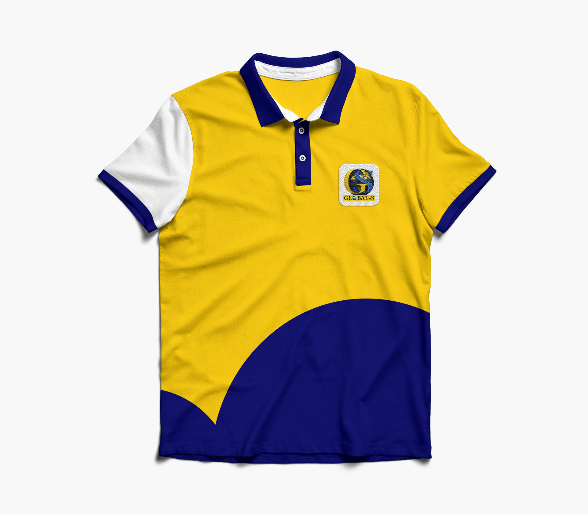 Mockup polo Global-S jaune et bleu marine avec logo brodé