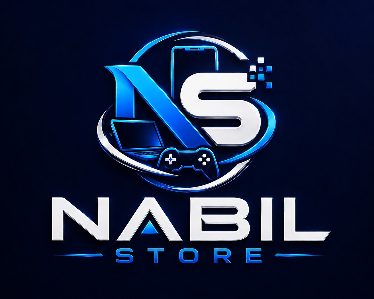 Logo Nabil Store, boutique high-tech en bleu métallique