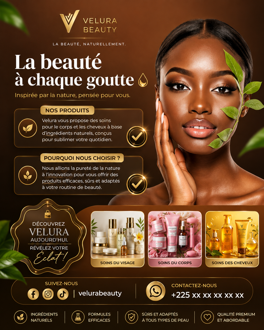 Affiche Velura Beauty, soins naturels sur fond brun doré