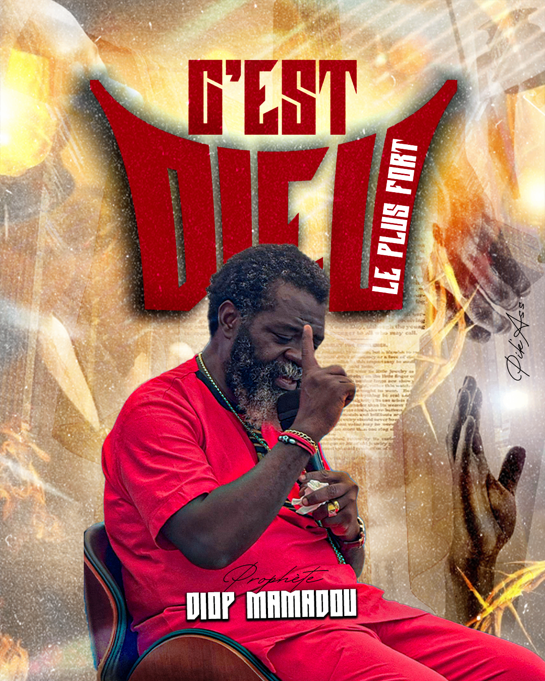 Affiche Prophète Diop Mamadou, typographie rouge et ambiance feu