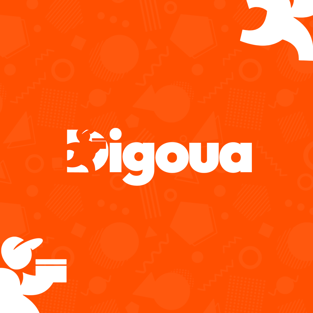 Identité visuelle Bigoua avec logo blanc sur fond orange