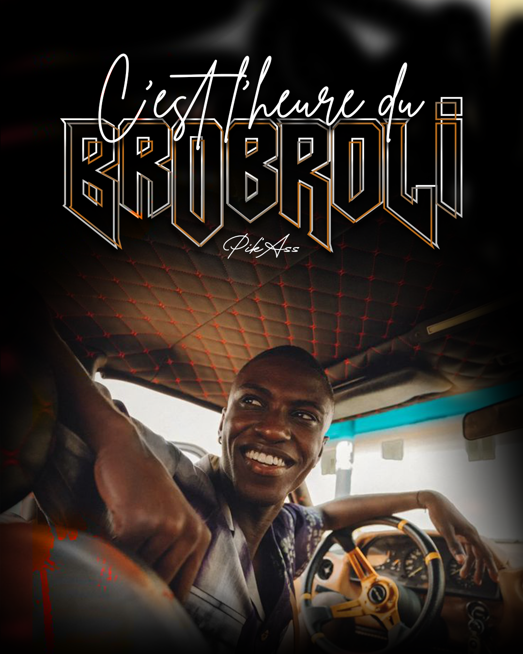 Affiche Brobroli avec chauffeur souriant en ambiance nocturne