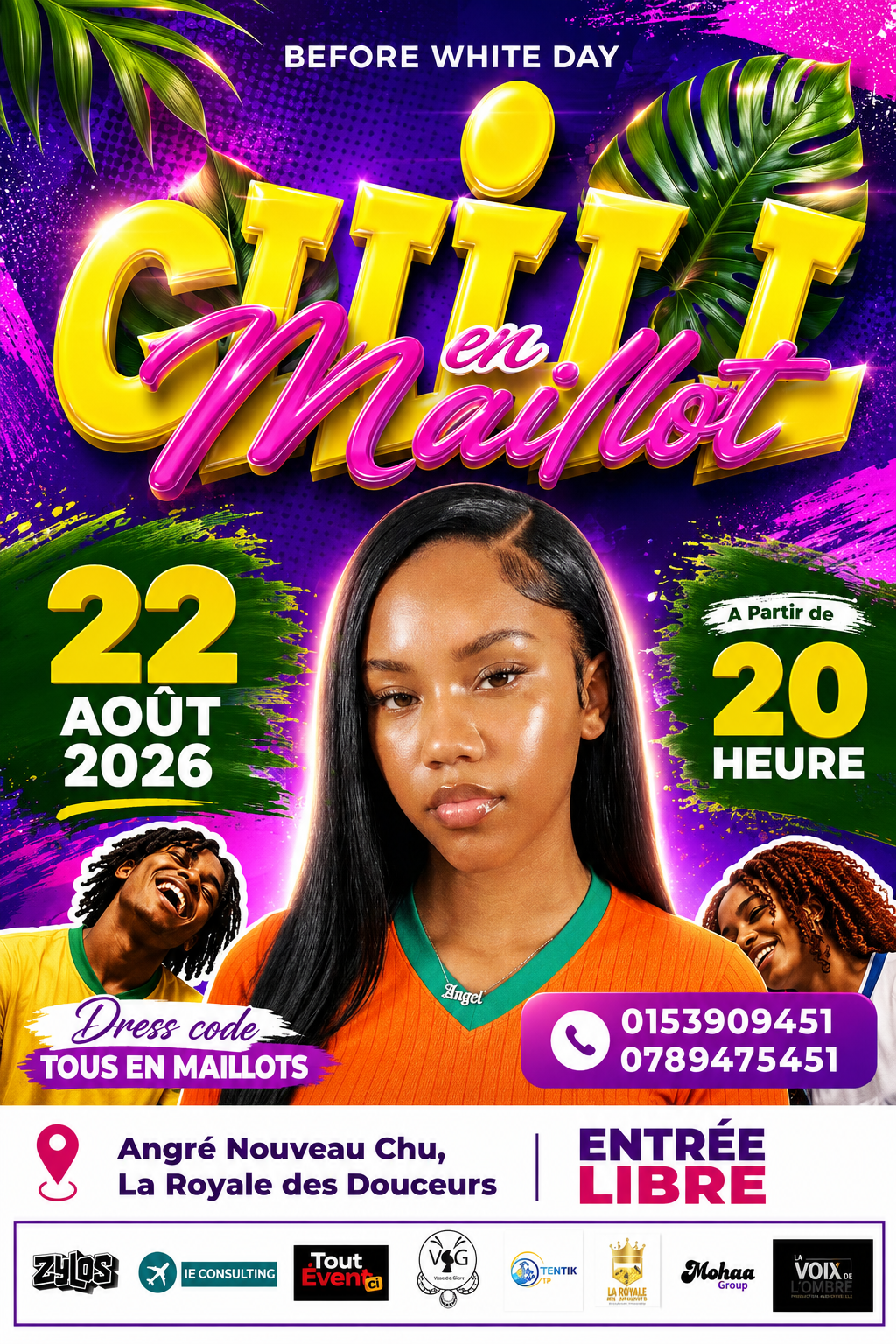 Flyer Chill en Maillot avec typographie 3D jaune et ambiance tropicale