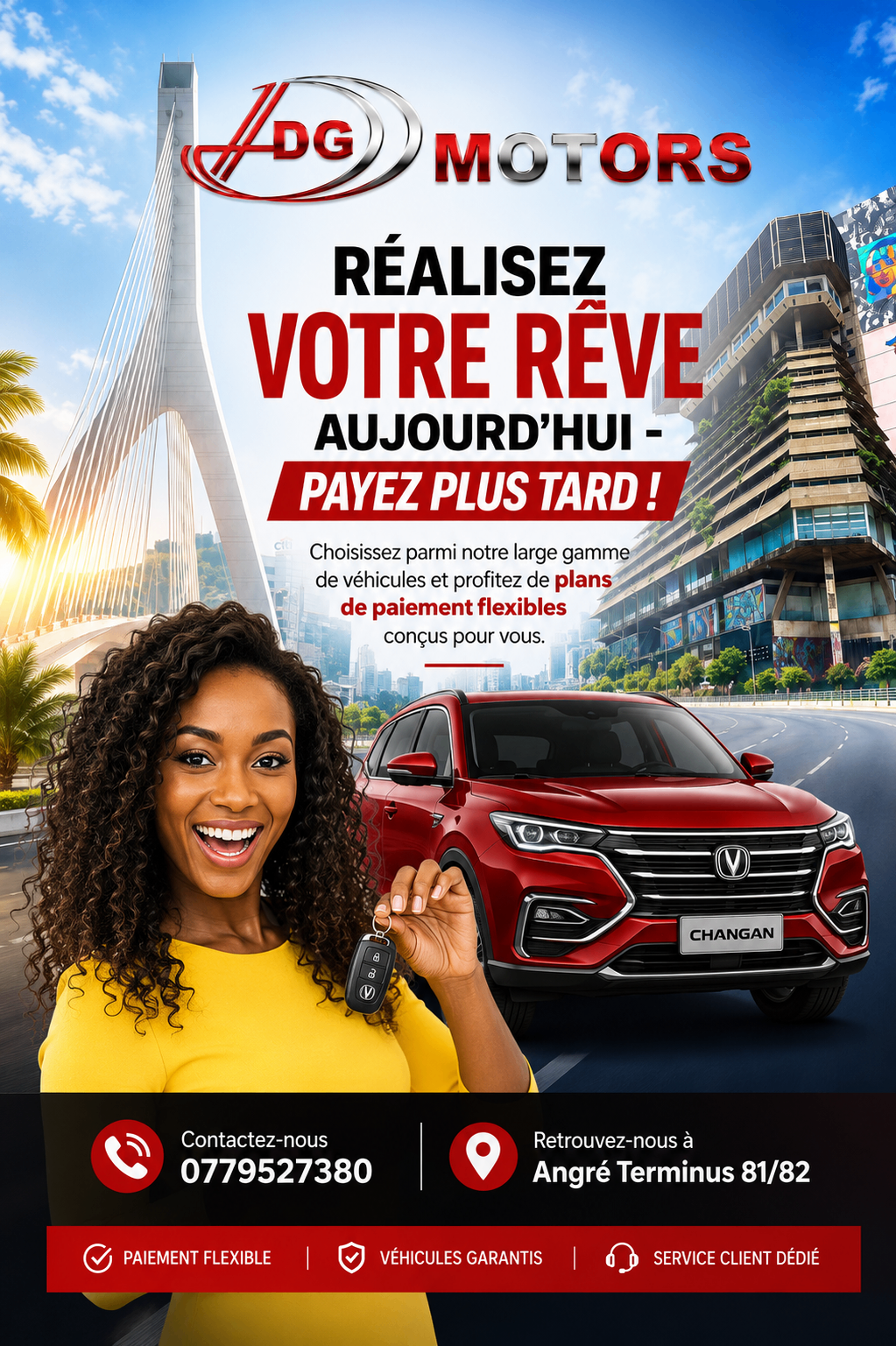 Affiche paiement flexible DG Motors avec cliente et véhicule rouge