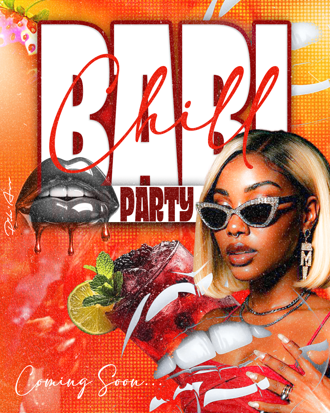 Flyer Babi Chill Party avec cocktail rouge et modèle stylée