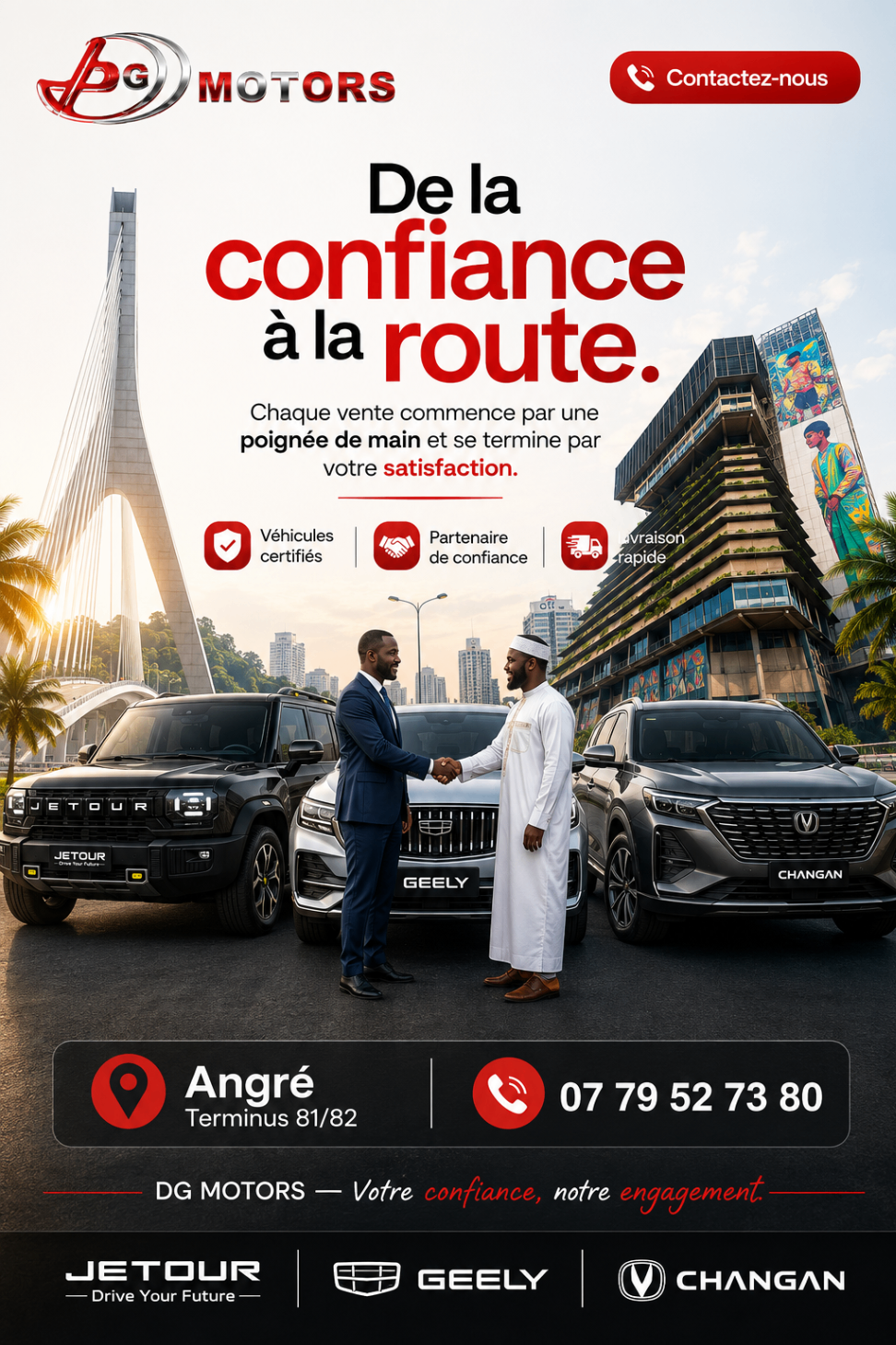 Affiche DG Motors poignée de main entre client et vendeur