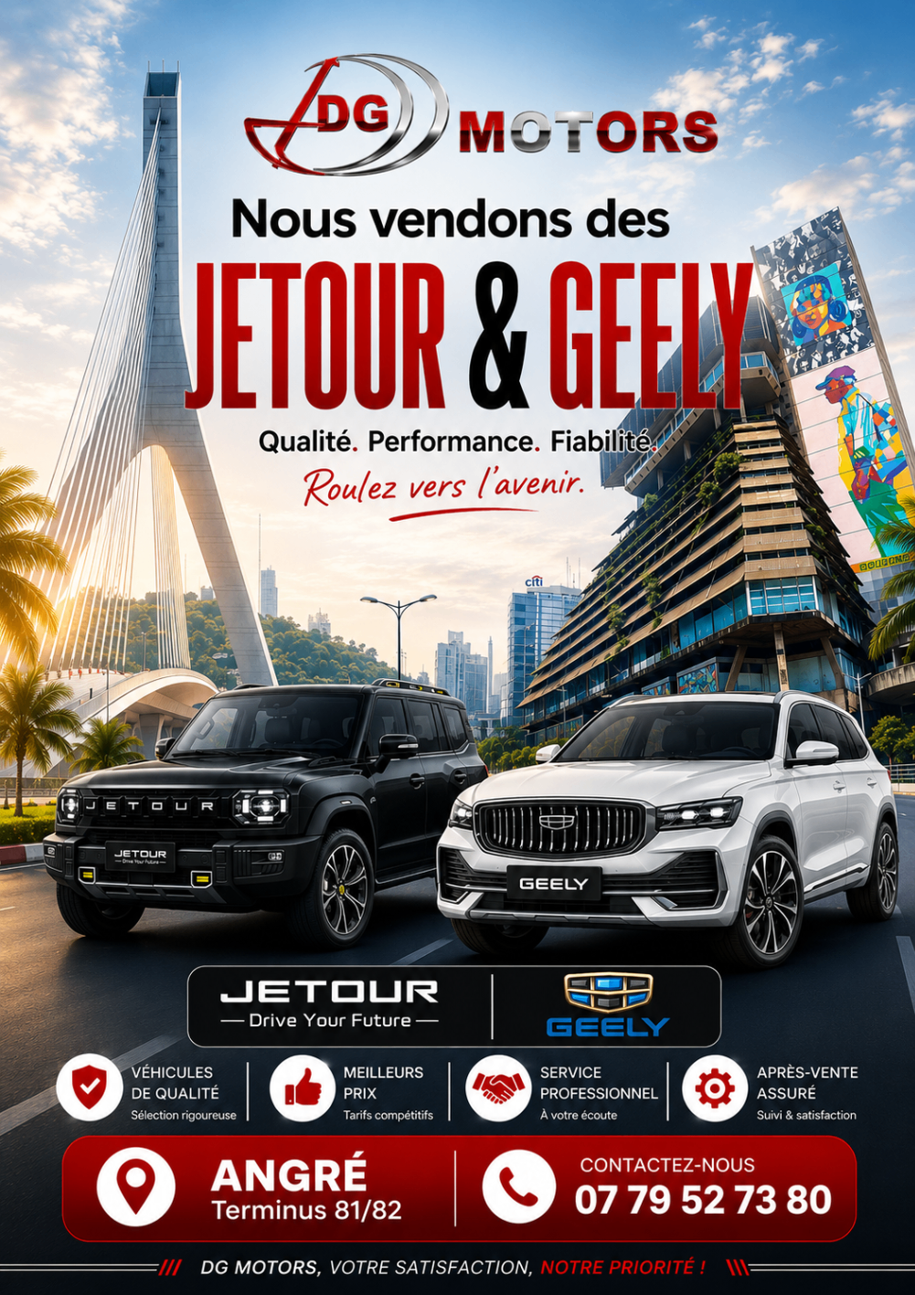 Affiche Jetour et Geely sur fond de pont d'Abidjan