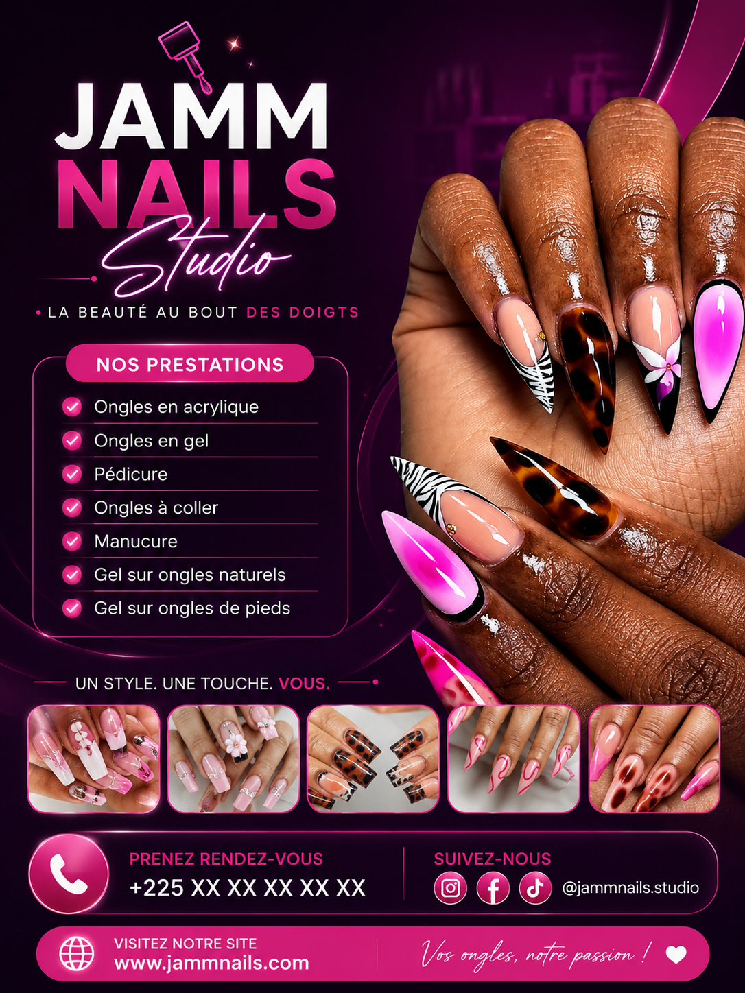 Flyer Jamm Nails Studio, prestations d'onglerie sur fond rose et noir
