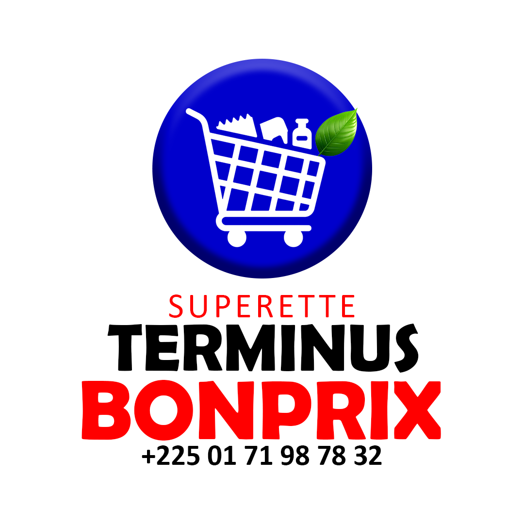 Logo Superette Terminus Bonprix avec caddie bleu et feuille verte